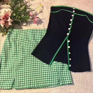 Green checkered skirt Navy blue/Green strapless sweater